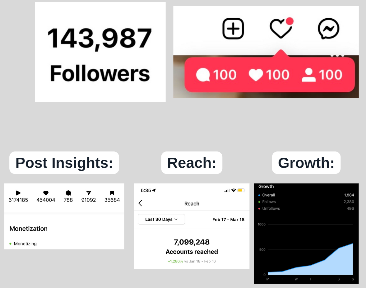 Instagram insights showing 143,987 followers with post reach and growth metrics
