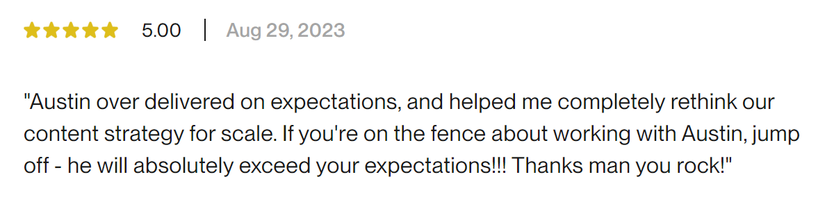 Written client review about content strategy results