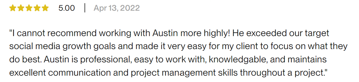Written client review recommending working with Austin