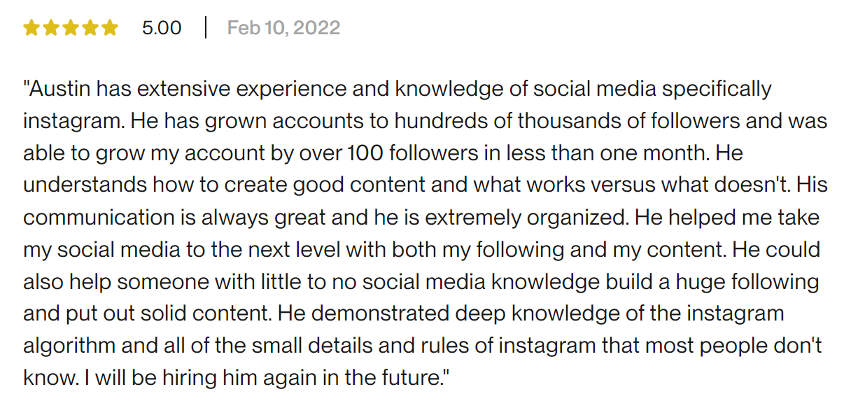 Detailed written client review about Instagram growth