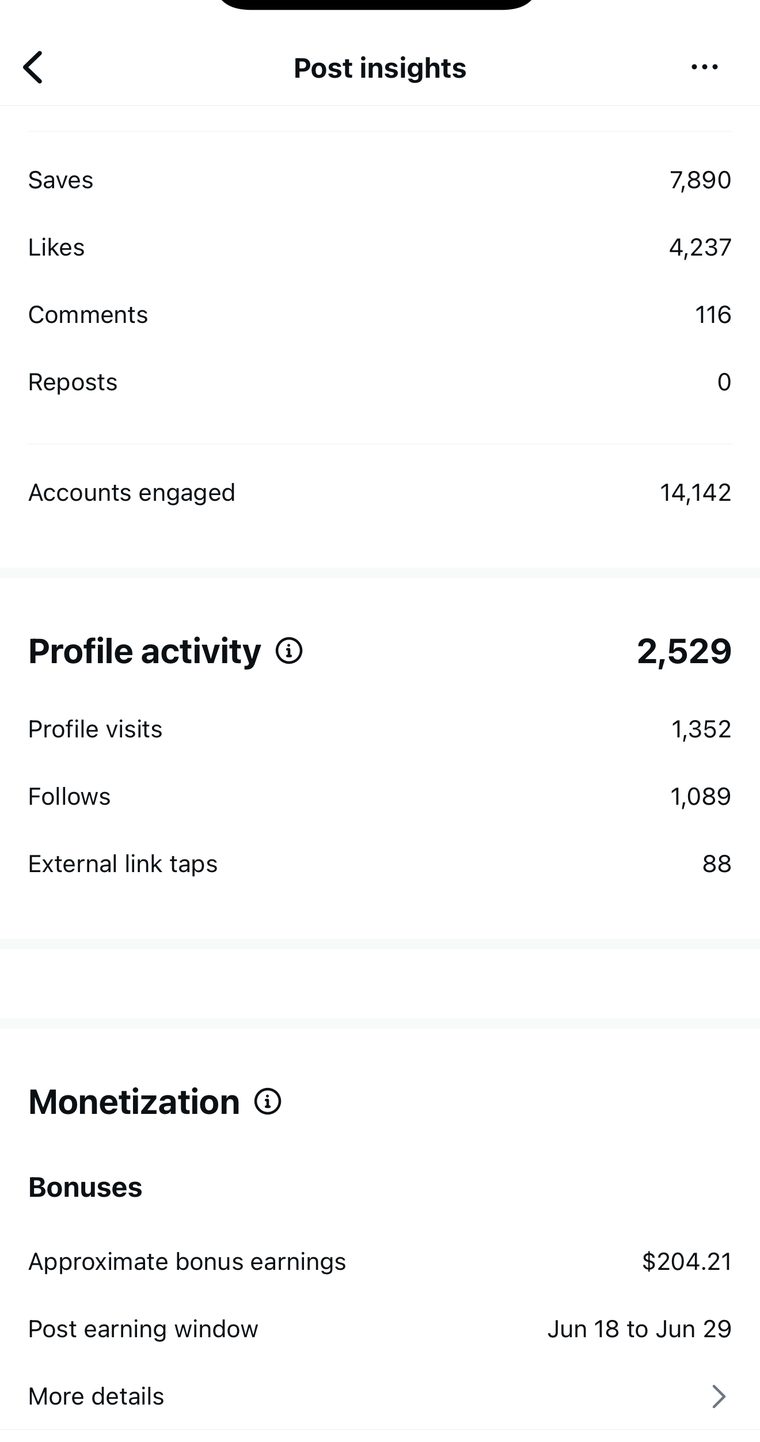Client Instagram post insights — 100k+ views