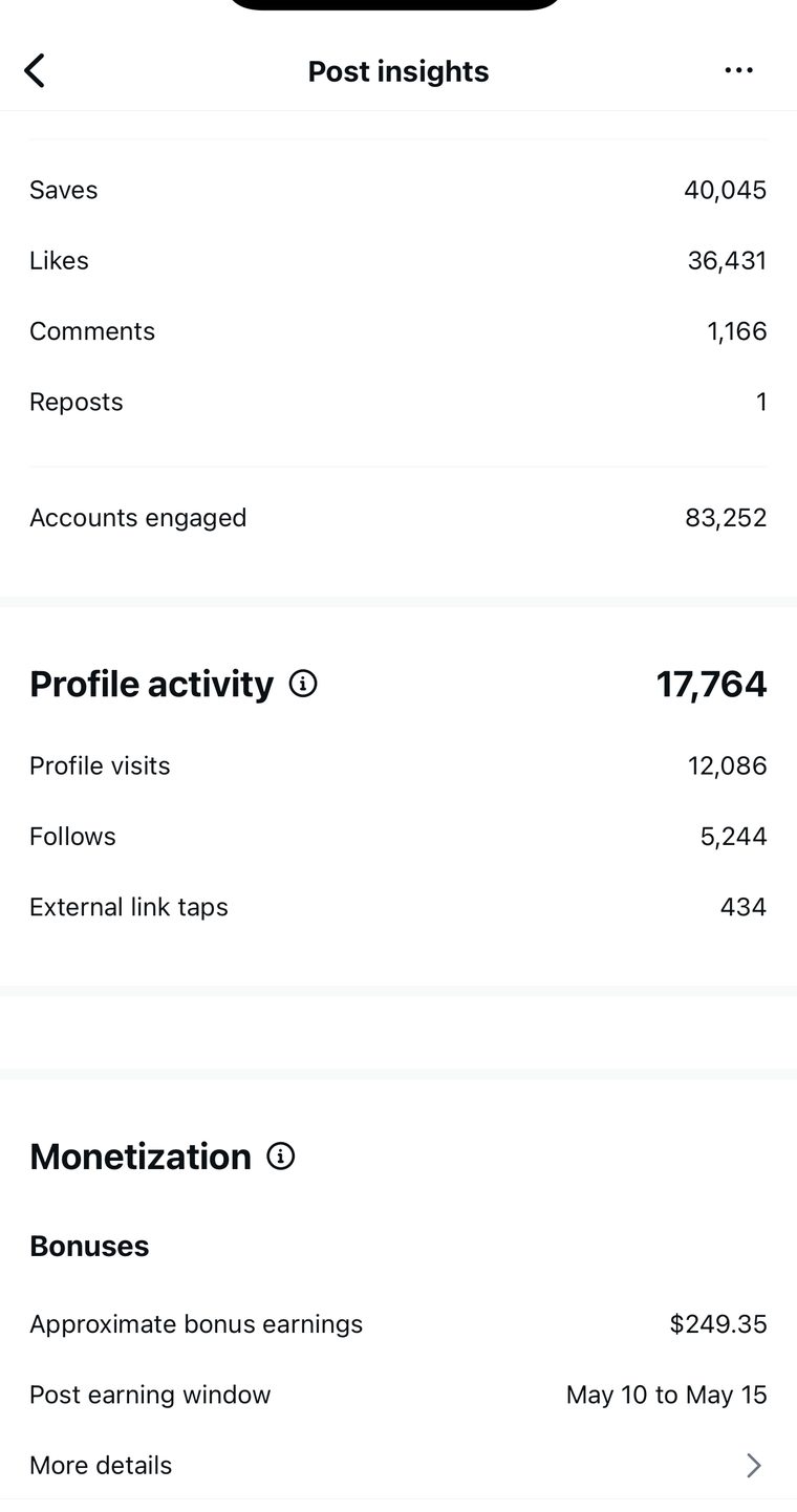 Client Instagram post insights — 100k+ views