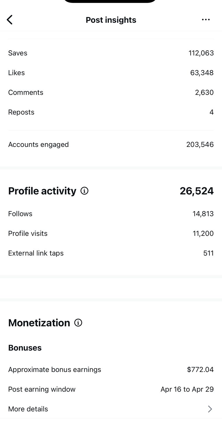 Client Instagram post insights — 100k+ views