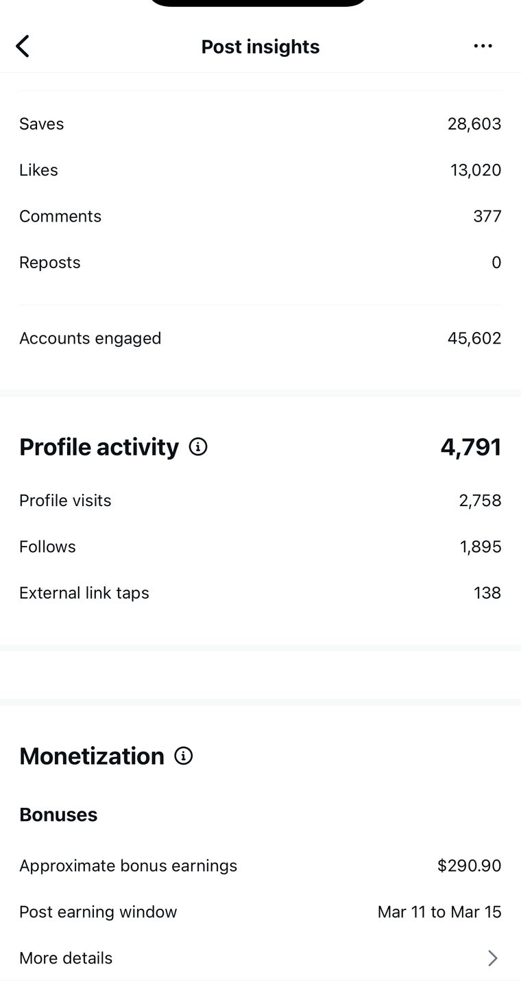 Client Instagram post insights — 100k+ views