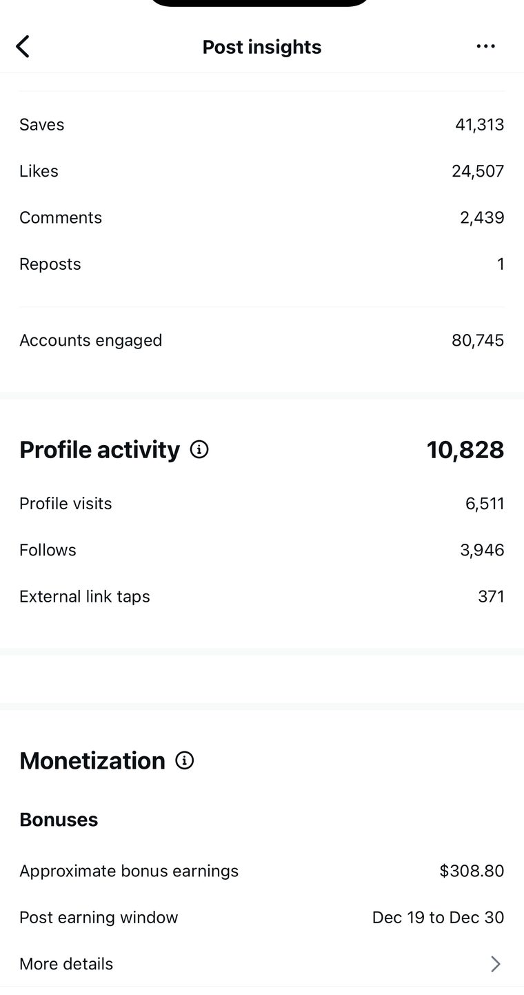 Client Instagram post insights — 100k+ views