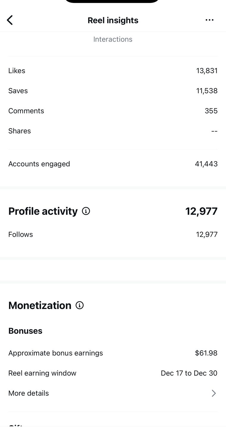 Client Instagram post insights — 100k+ views