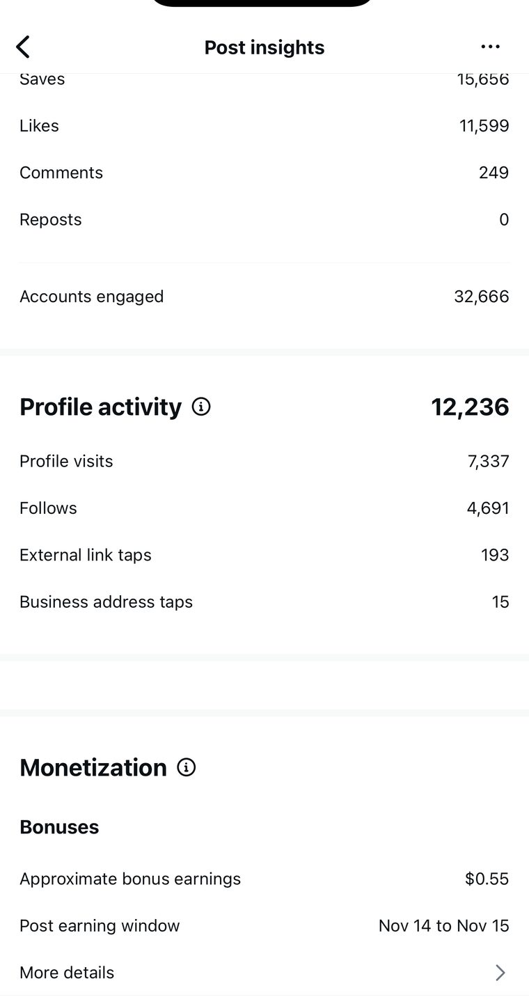 Client Instagram post insights — 100k+ views
